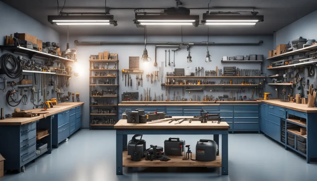 Oficina organizada com prateleiras de parafusos e ferramentas, mesa de trabalho com morsa e iluminação industrial.