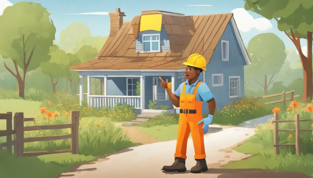 Trabalhador de construção com capacete amarelo e colete laranja em frente a uma casa de madeira com árvores ao redor.