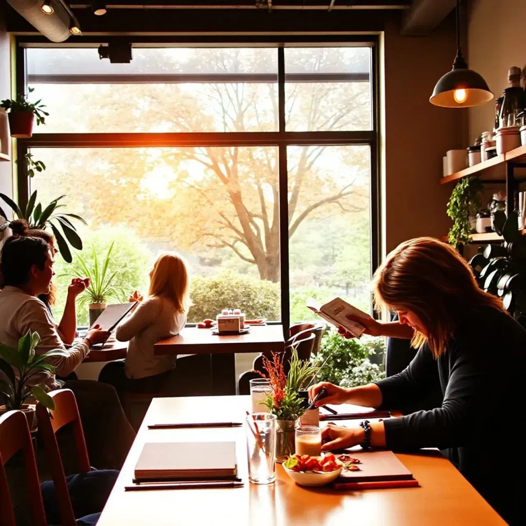 Café acolhedor com pessoas lendo e conversando.