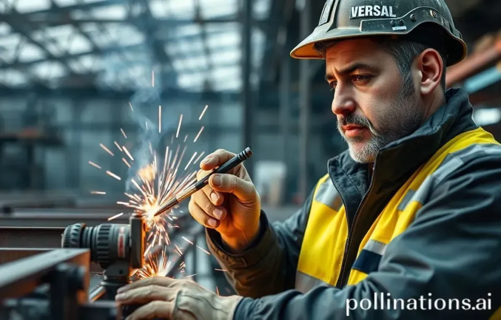 Trabalhador soldando metal com faíscas na fábrica.