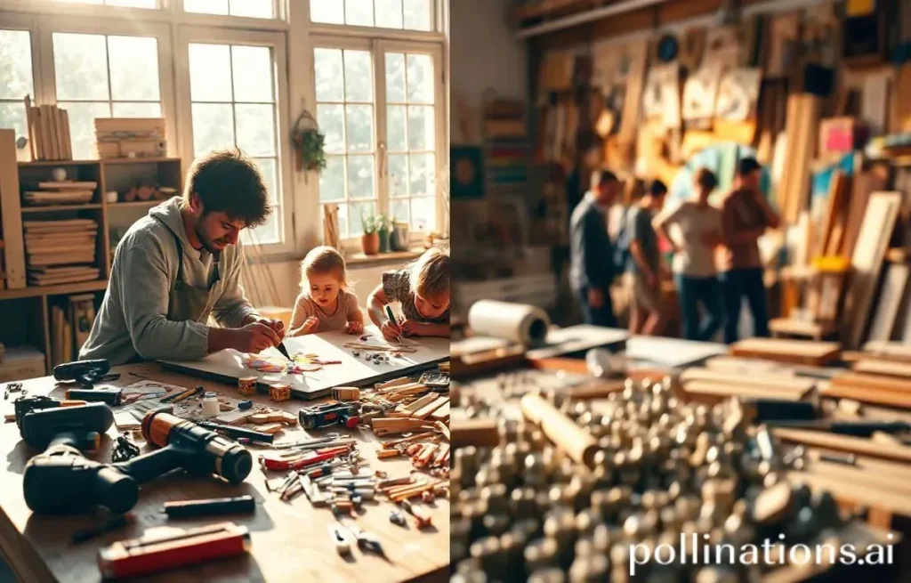 Pai e filhos desenham em ateliê de arte.