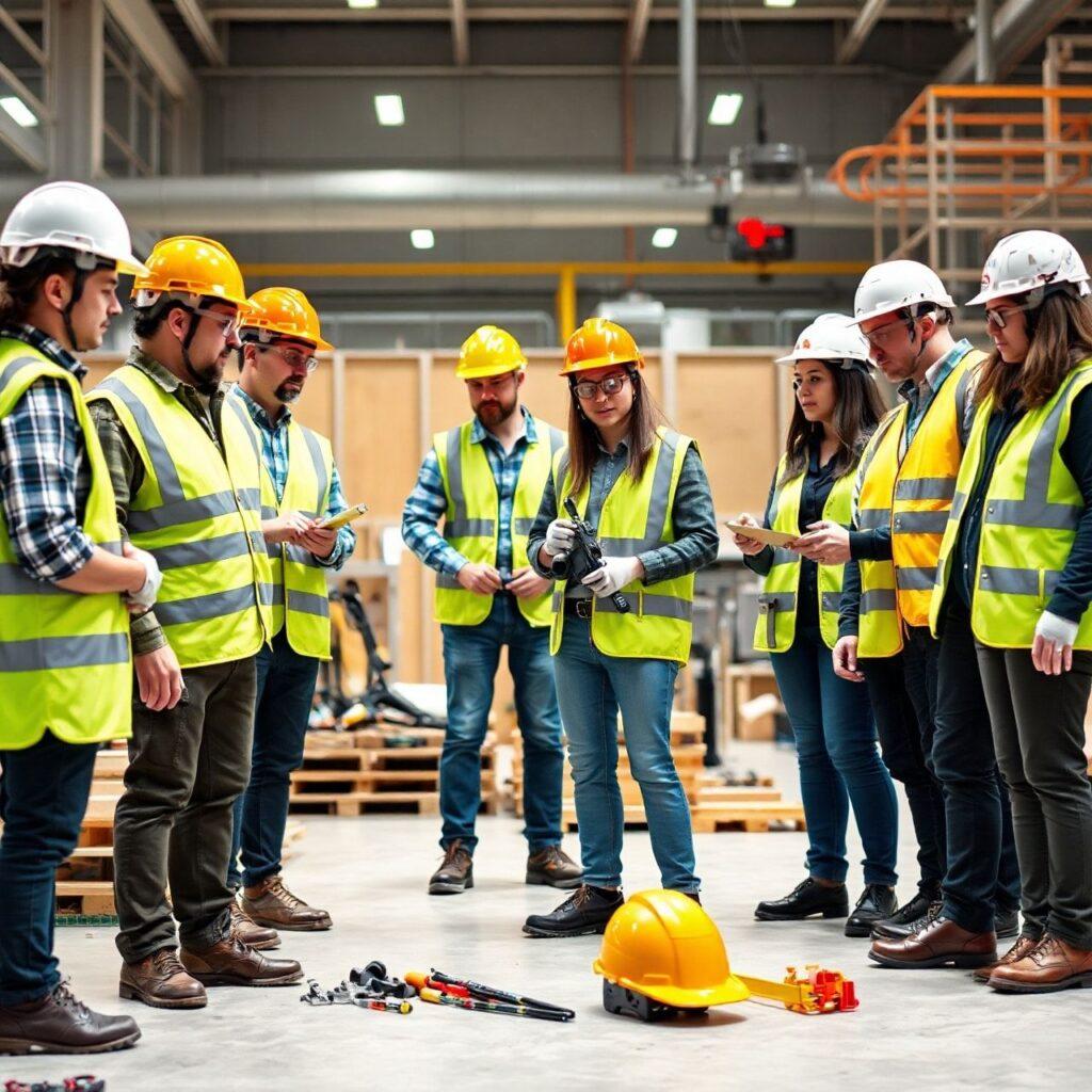 Equipe de construção em reunião com EPI.