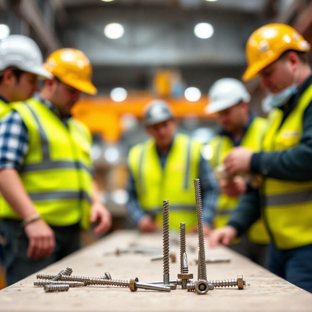 Trabalhadores de construção com parafusos em foco