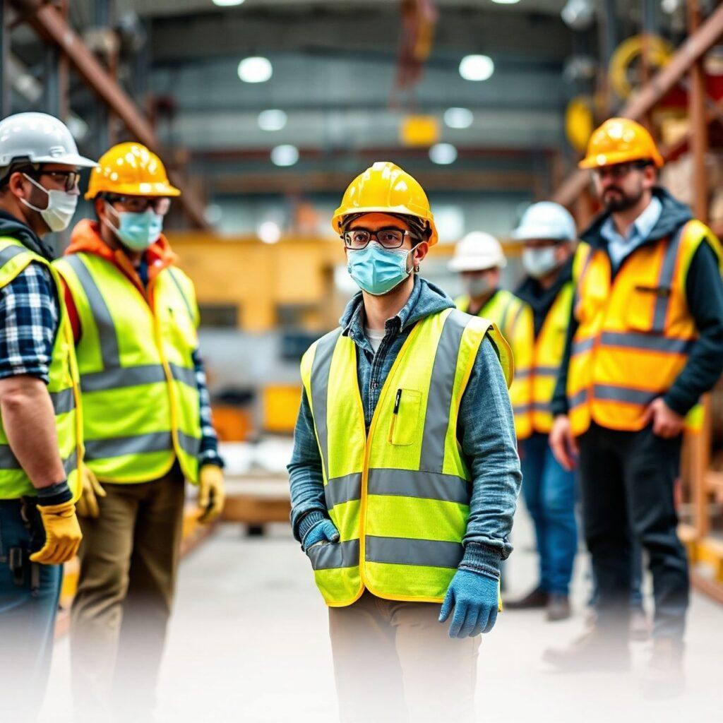Trabalhadores de construção civil usando máscaras e coletes.