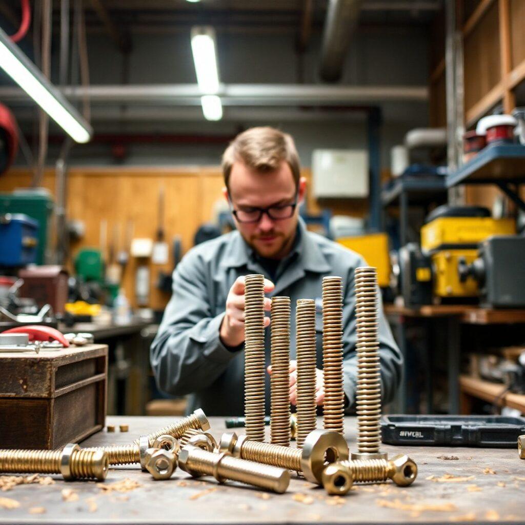 Homem trabalhando com parafusos em oficina mecânica.