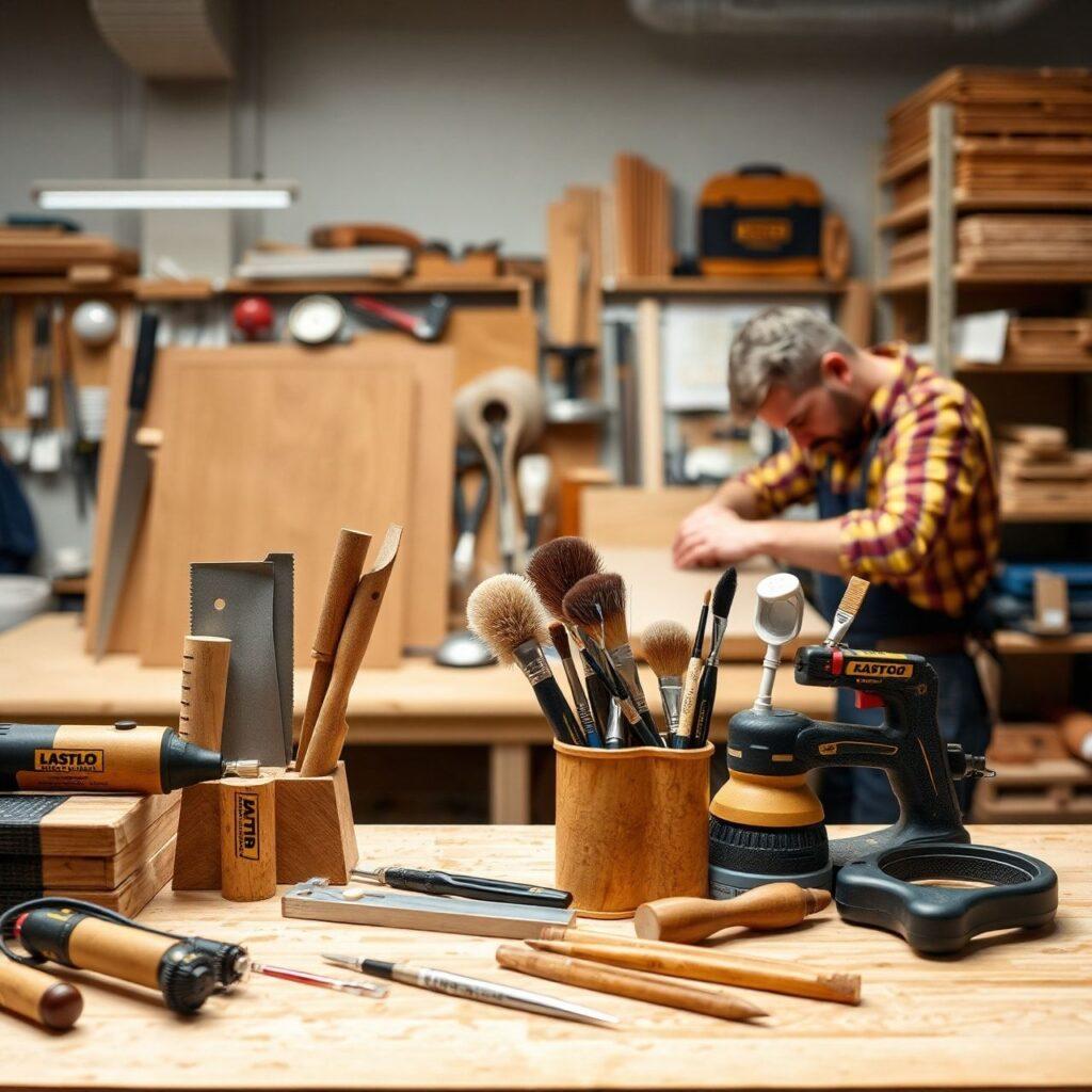 Oficina de marcenaria com ferramentas e artesão ao fundo.