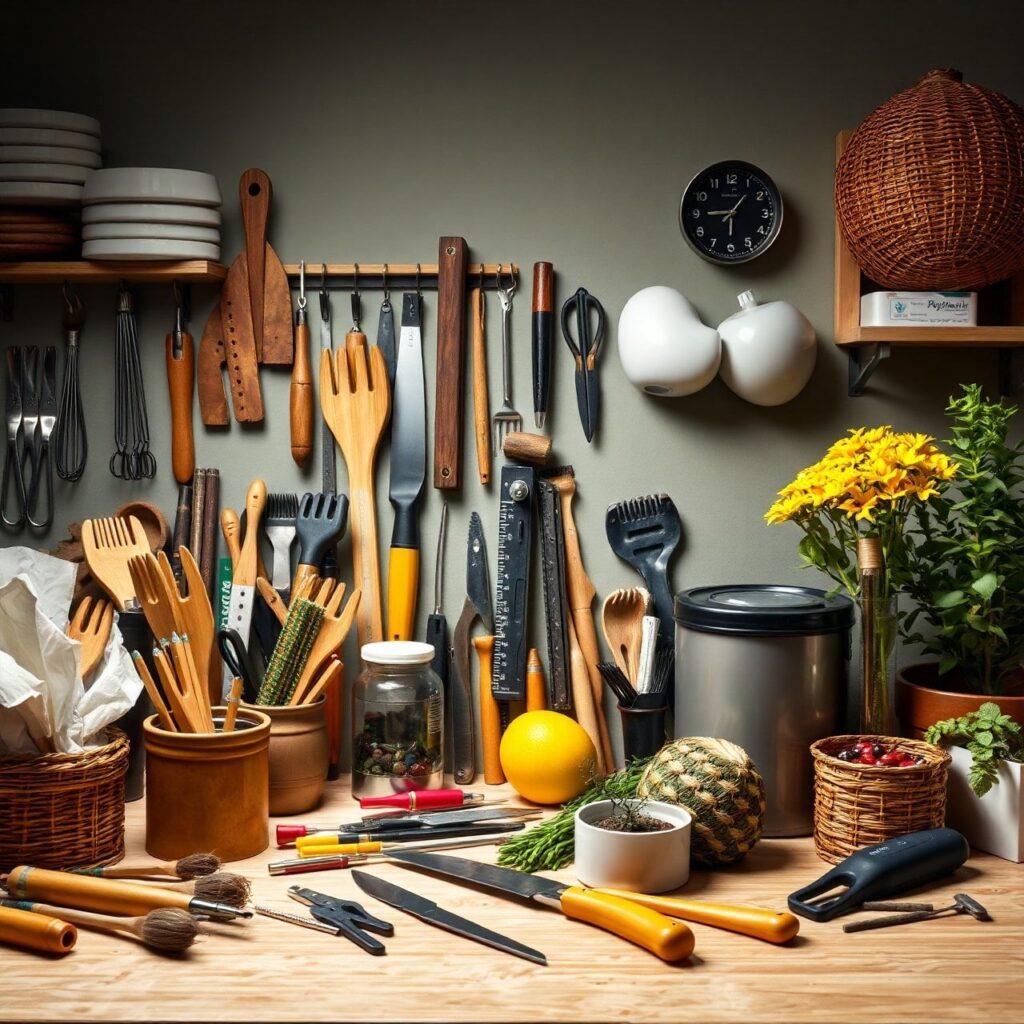 Utensílios de cozinha organizados, flores e frutas na bancada.