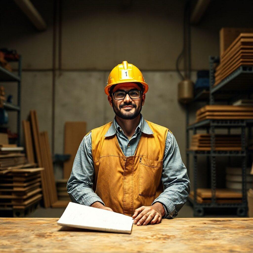 Carpinteiro com capacete em oficina de madeira.