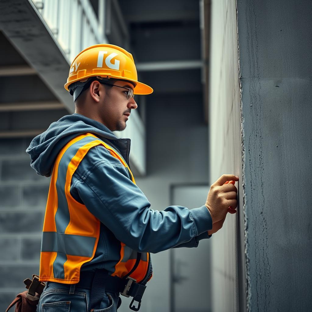 Engenheiro inspecionando parede de construção.