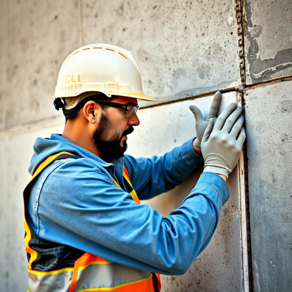 Trabalhador verificando parede de concreto na construção.