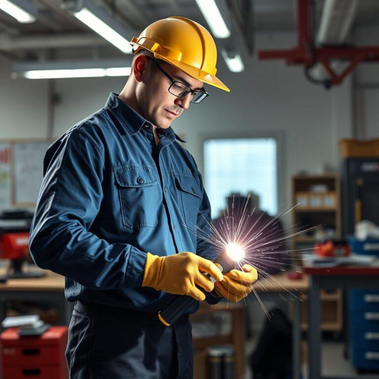 Trabalhador de capacete soldando no galpão.