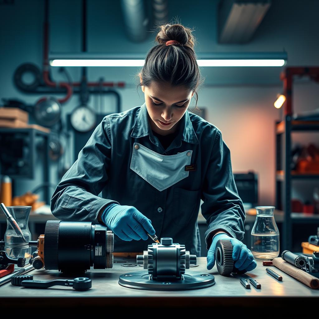 Mulher reparando equipamento mecânico em oficina.
