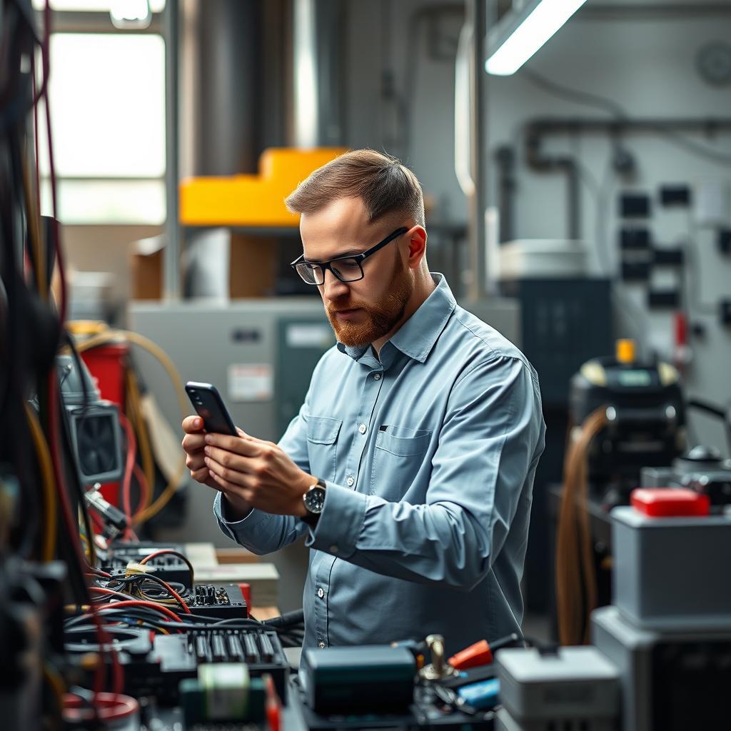 Engenheiro verificando equipamentos eletrônicos com smartphone.