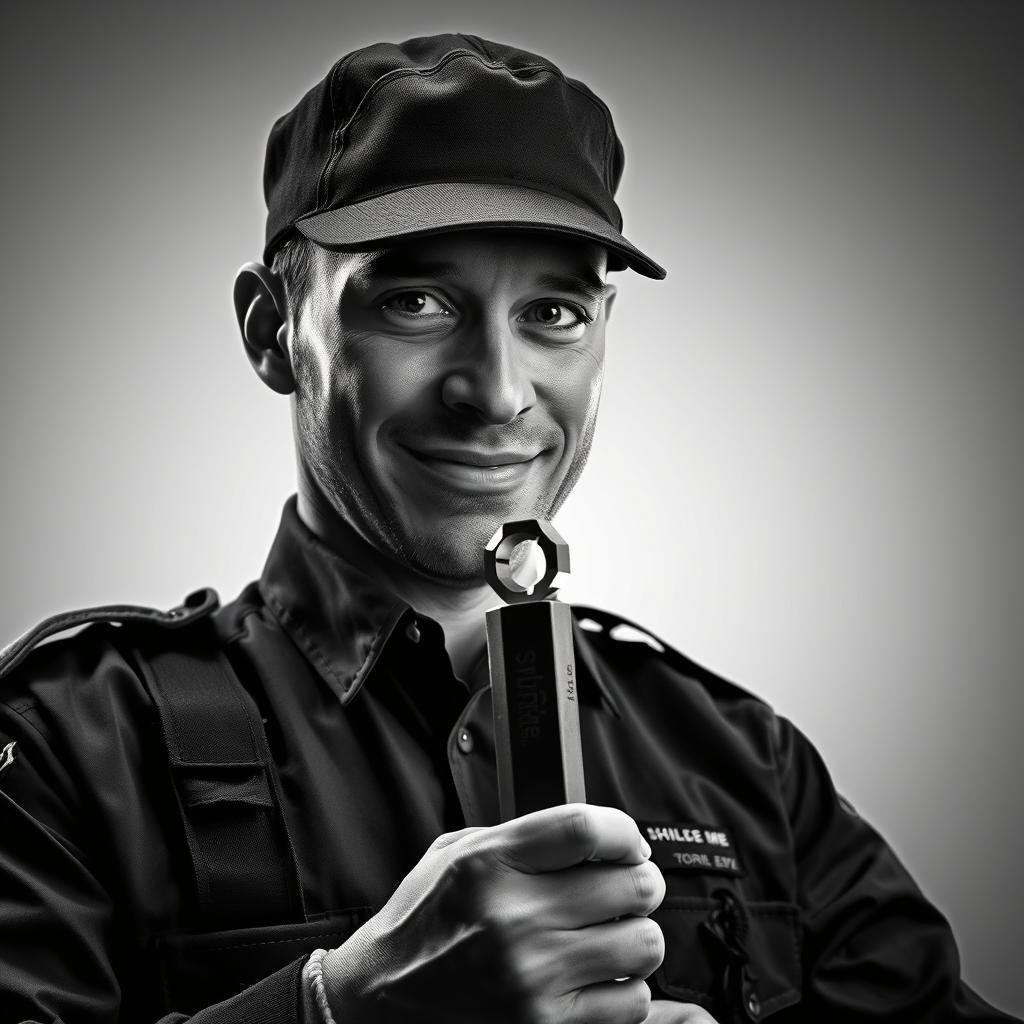 Homem segurando um troféu, expressão confiante.