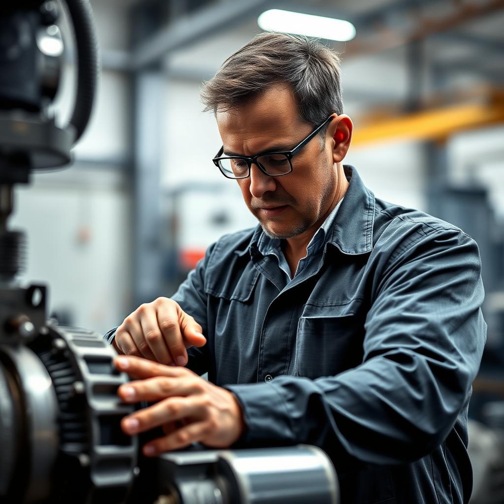 Técnico ajustando máquina em fábrica industrial.