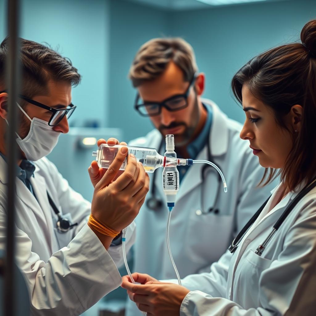 Médicos preparando equipamento médico em hospital.