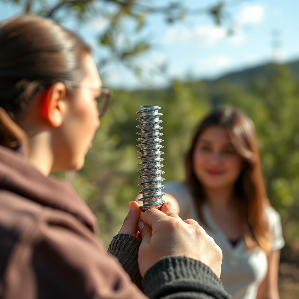 Pessoa segurando parafuso grande, outra ao fundo sorrindo.