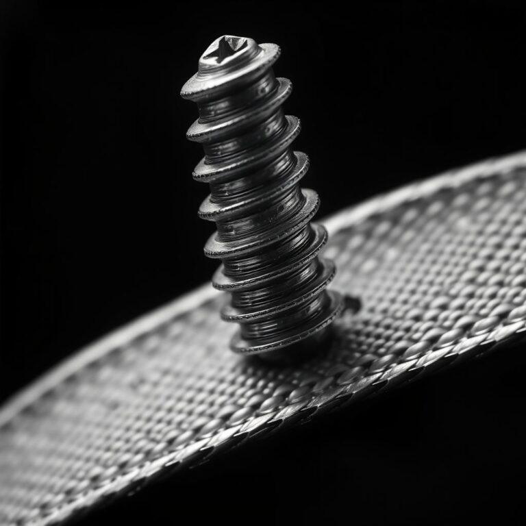 Parafuso metálico sobre superfície texturizada, fundo preto.
