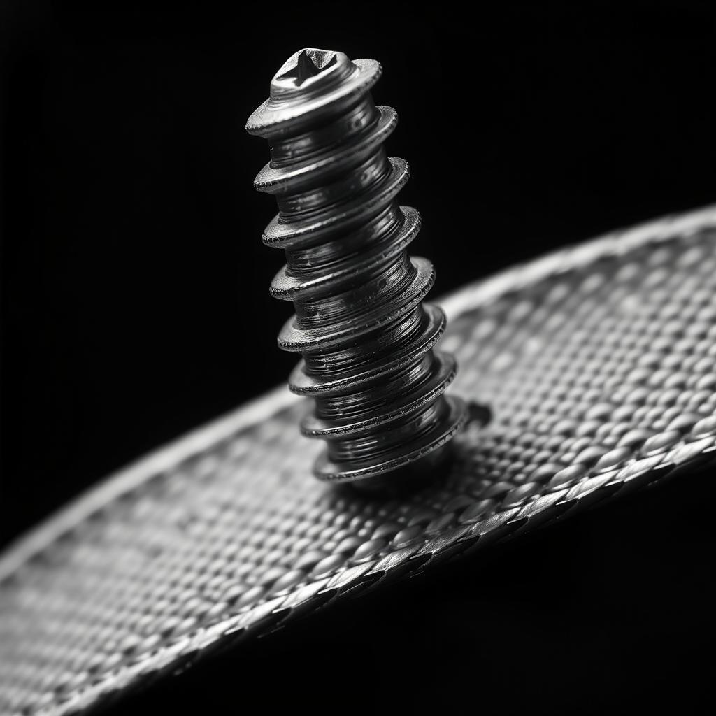 Parafuso metálico sobre superfície texturizada, fundo preto.