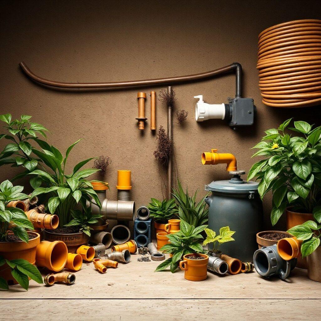 Tubos de encanamento e plantas verdes compondo decoração