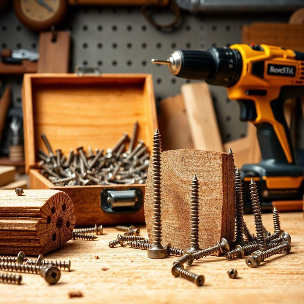 Parafusos com furadeira em bancada de madeira
