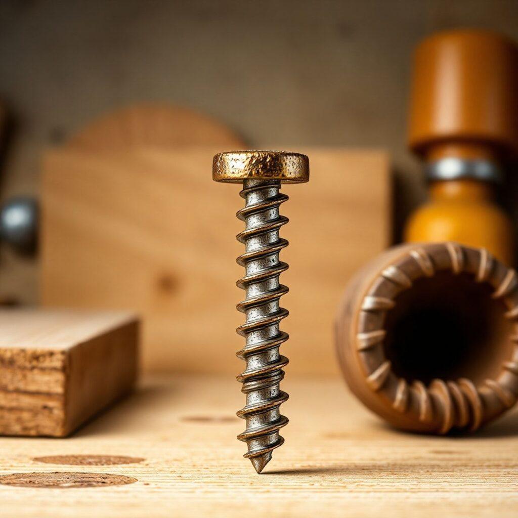 Parafuso em bancada de madeira, fundo com ferramentas.