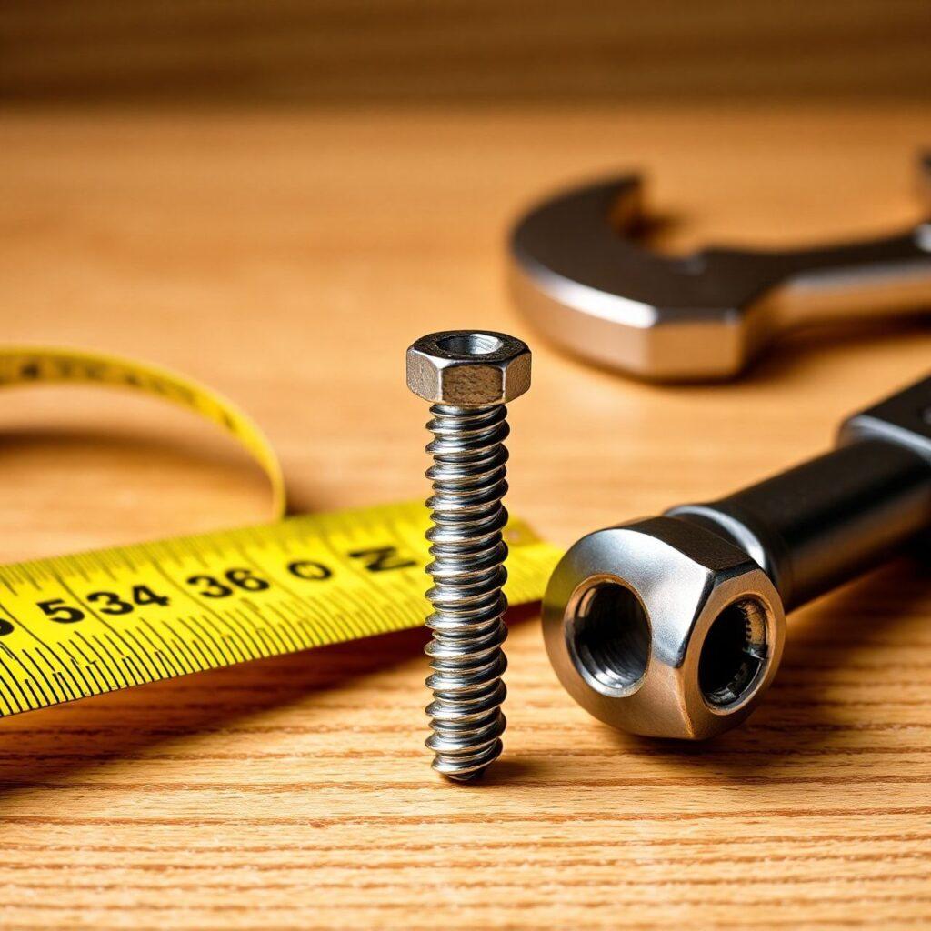 Parafuso, chave inglesa e fita métrica em madeira.