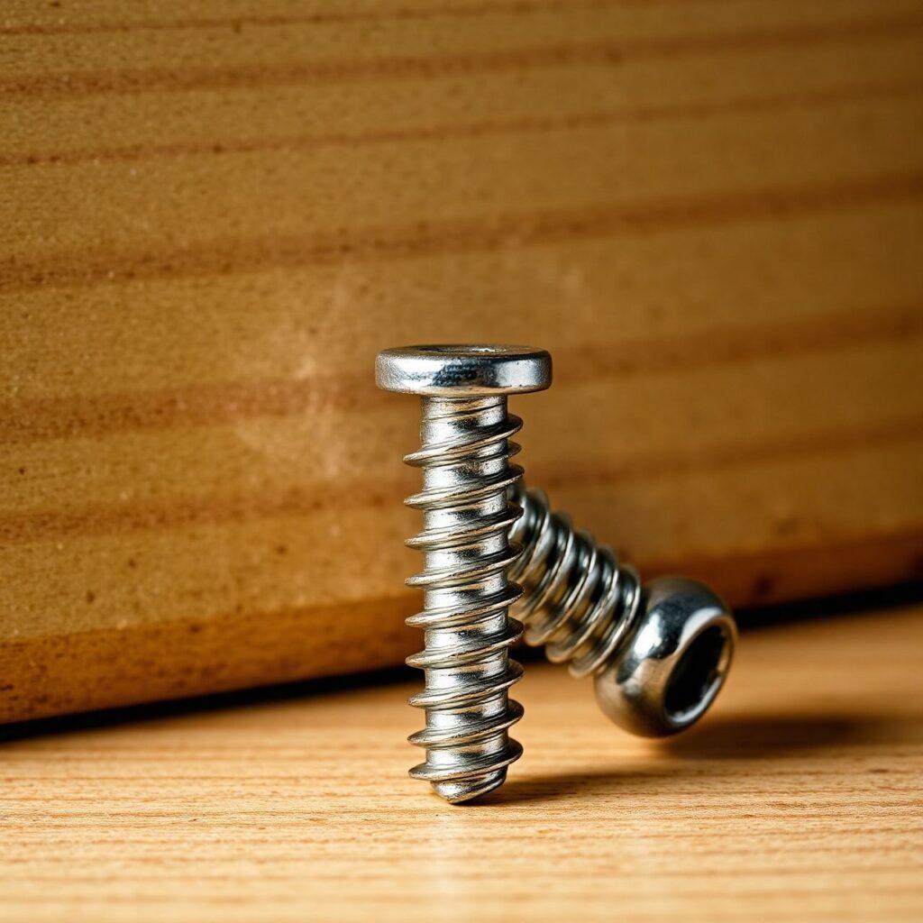 Parafusos de metal em superfície de madeira.