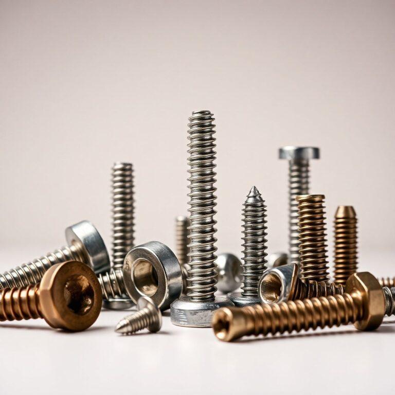 Parafusos coloridos de tamanhos variados em fundo claro.