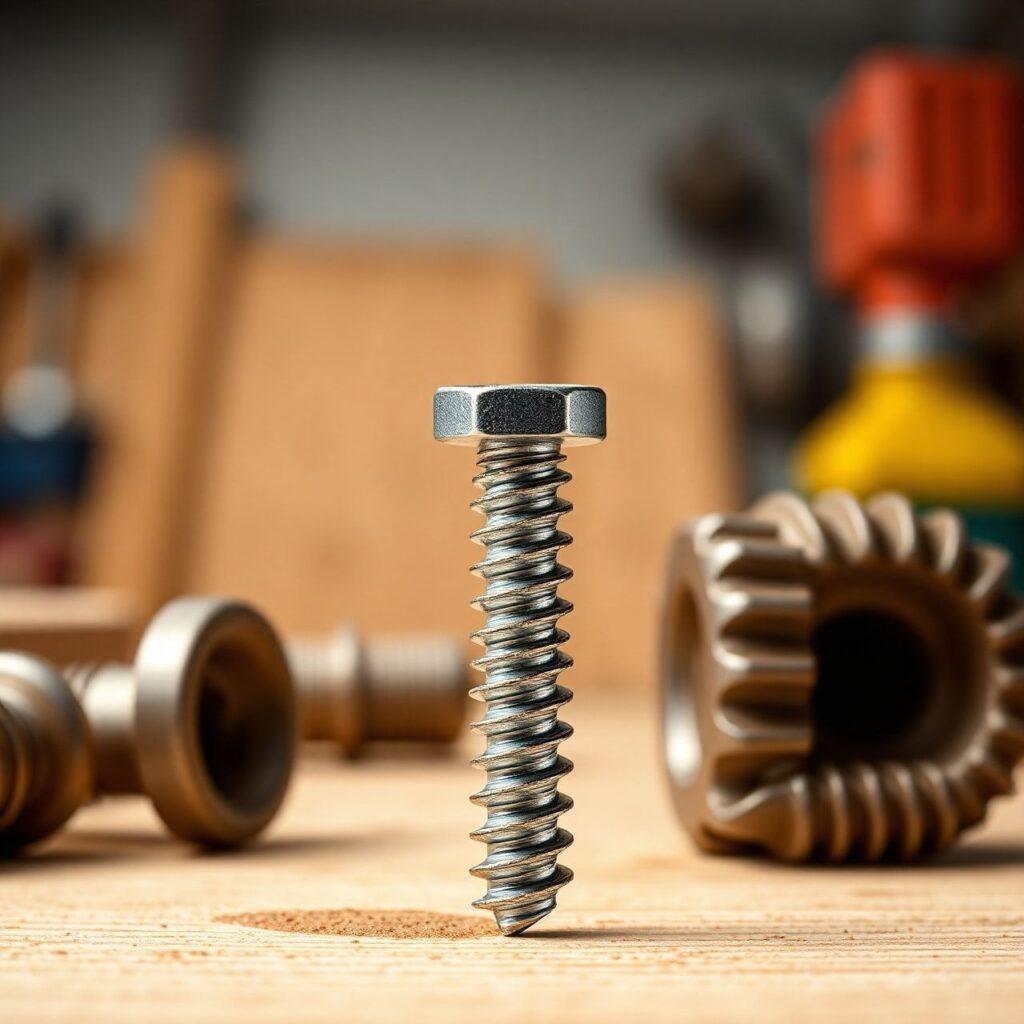 Parafuso metálico em bancada de madeira