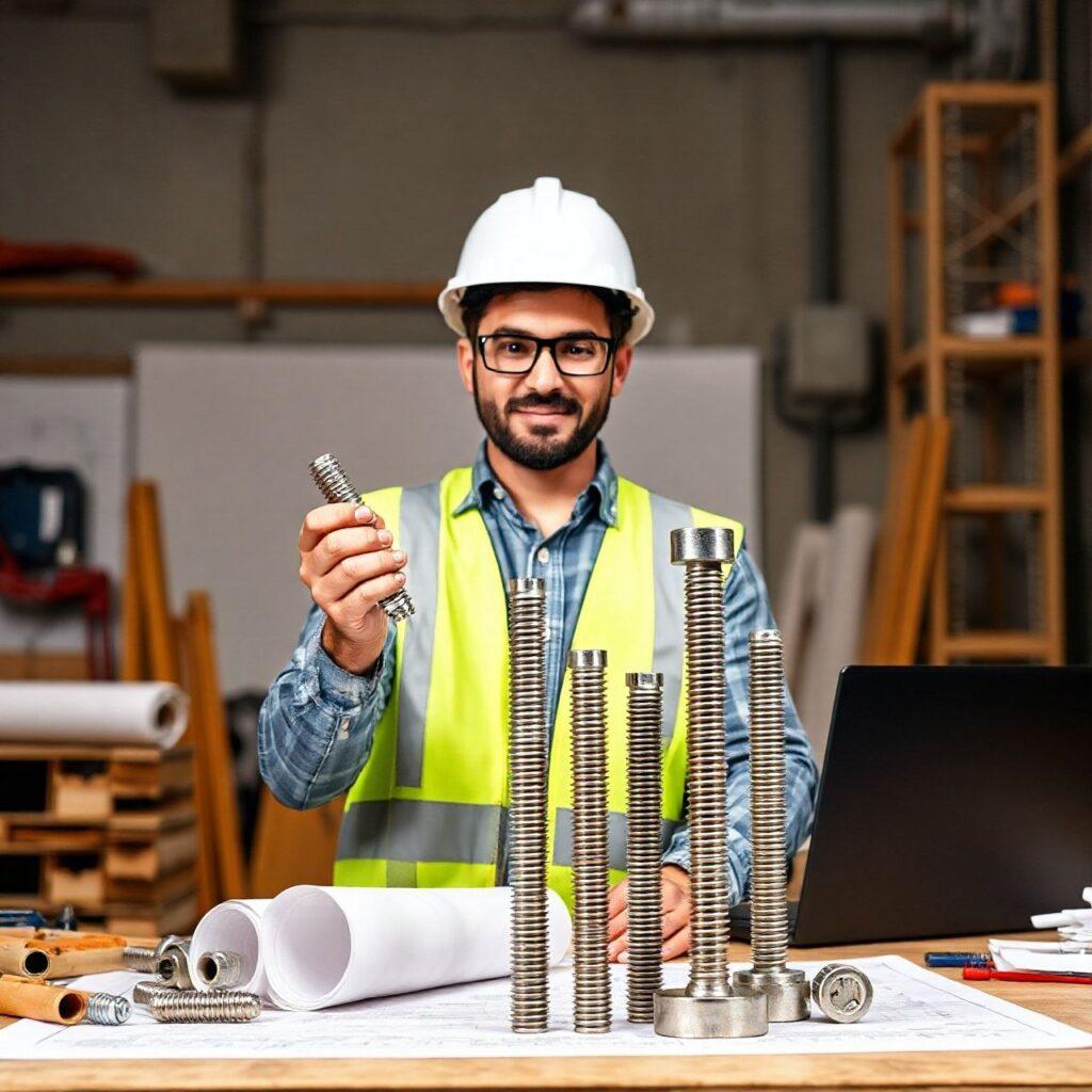 Engenheiro segurando parafuso na oficina.