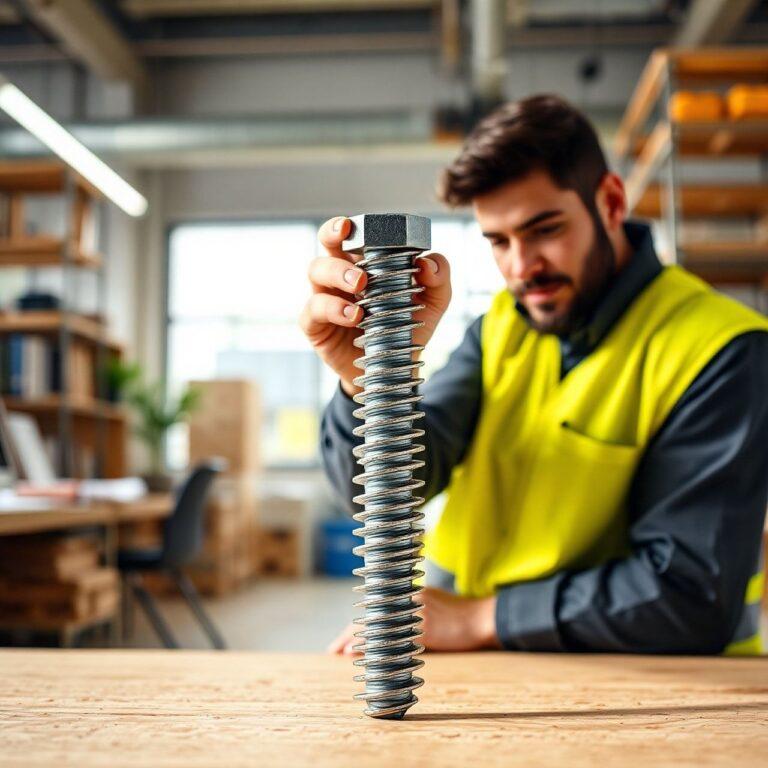 Homem segurando grande parafuso em escritório industrial.