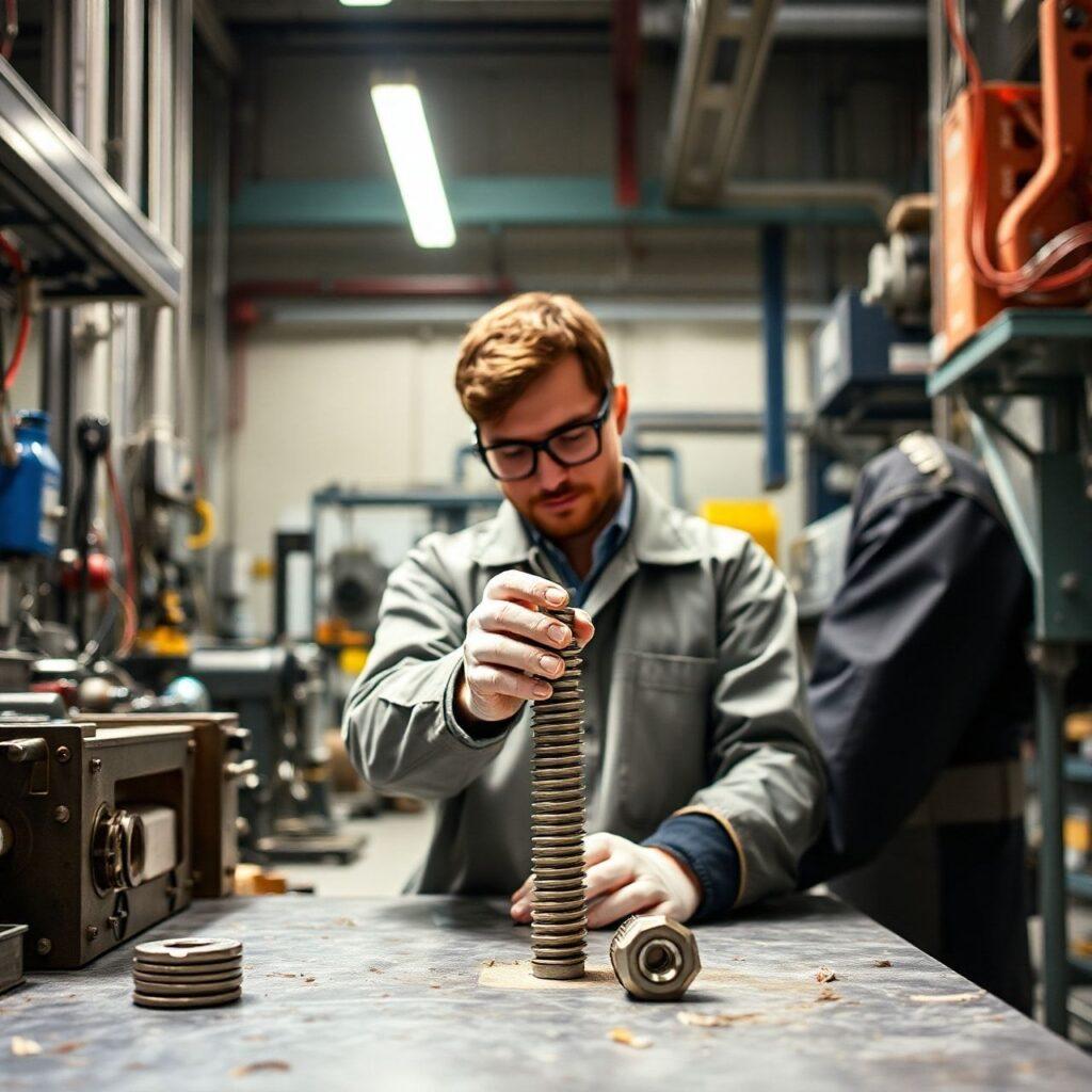 Trabalhador montando pilha de anéis na fábrica.