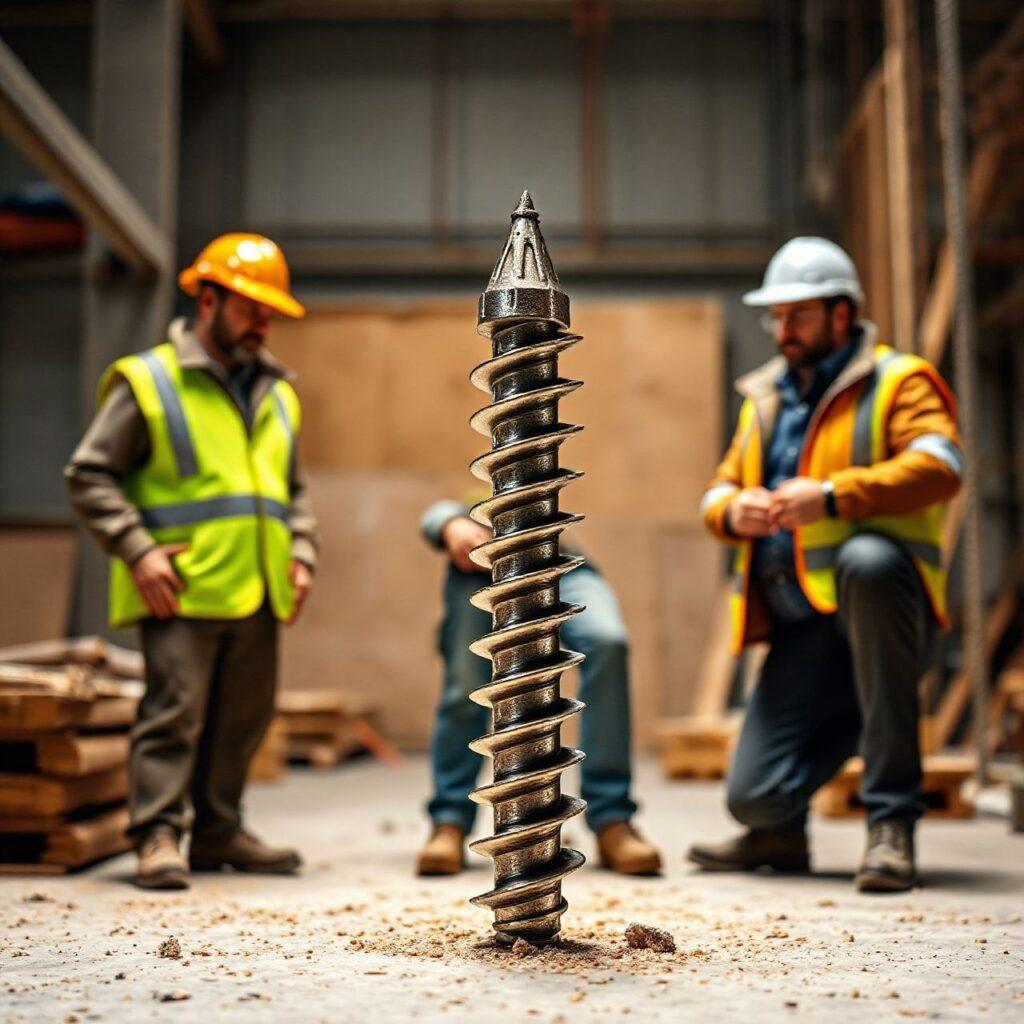 Broca industrial em construção civil, homens ao fundo.