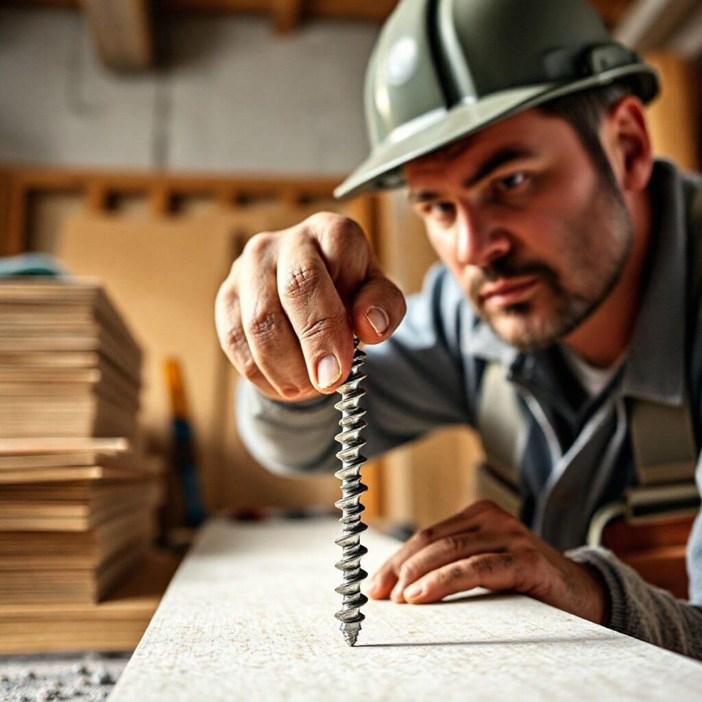 Homem segurando parafuso em área de construção.