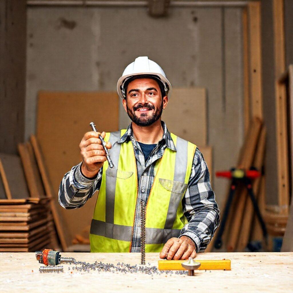 Trabalhador em construção segurando ferramenta na obra.