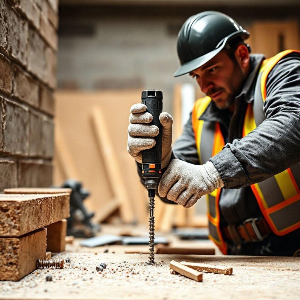 Trabalhador operando furadeira em construção civil.