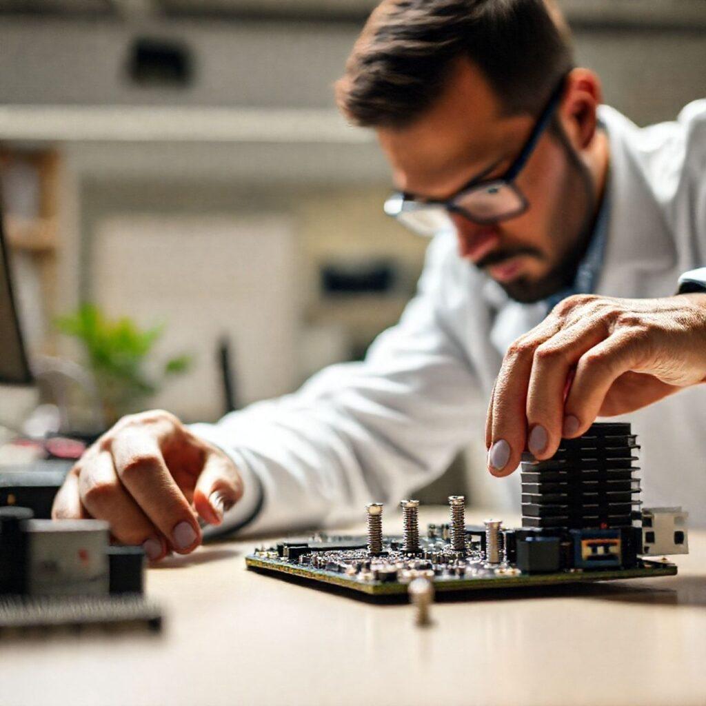 Engenheiro analisando placa de circuito eletrônico.