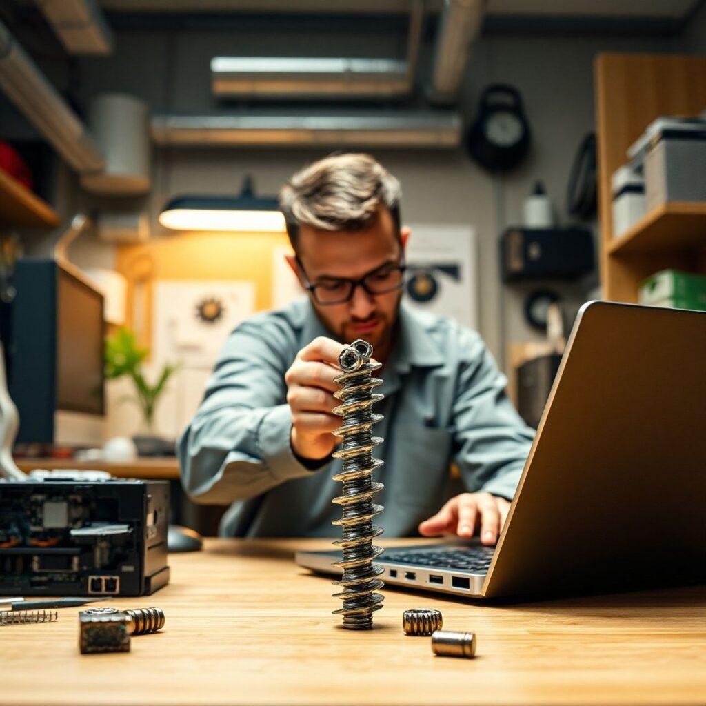 Homem trabalhando com peças de metal no escritório.