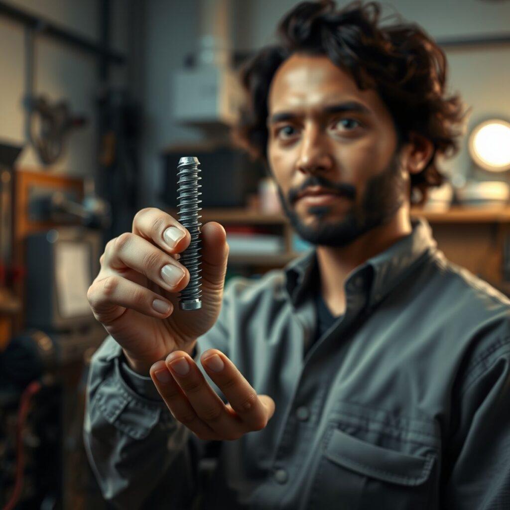 Pessoas segurando uma mola em oficina.