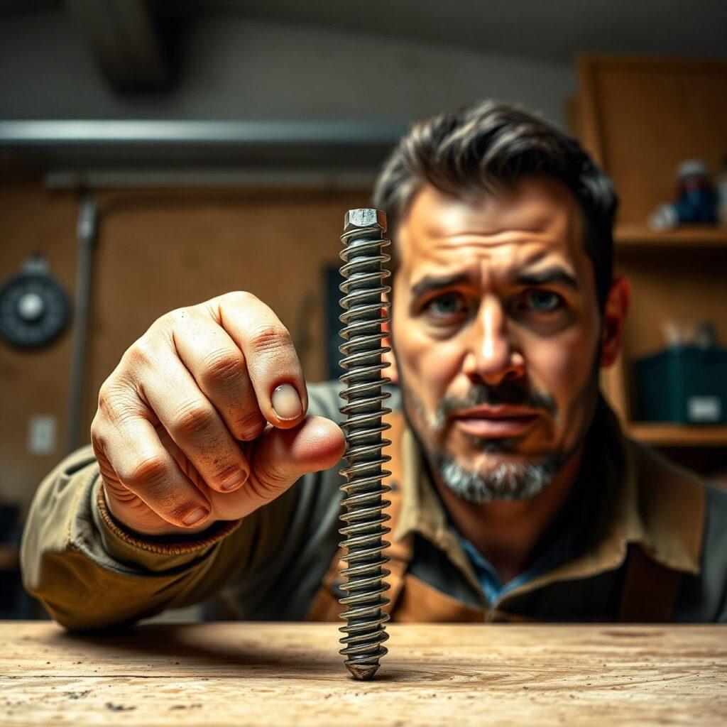 Homem segurando parafuso grande sobre mesa de madeira.