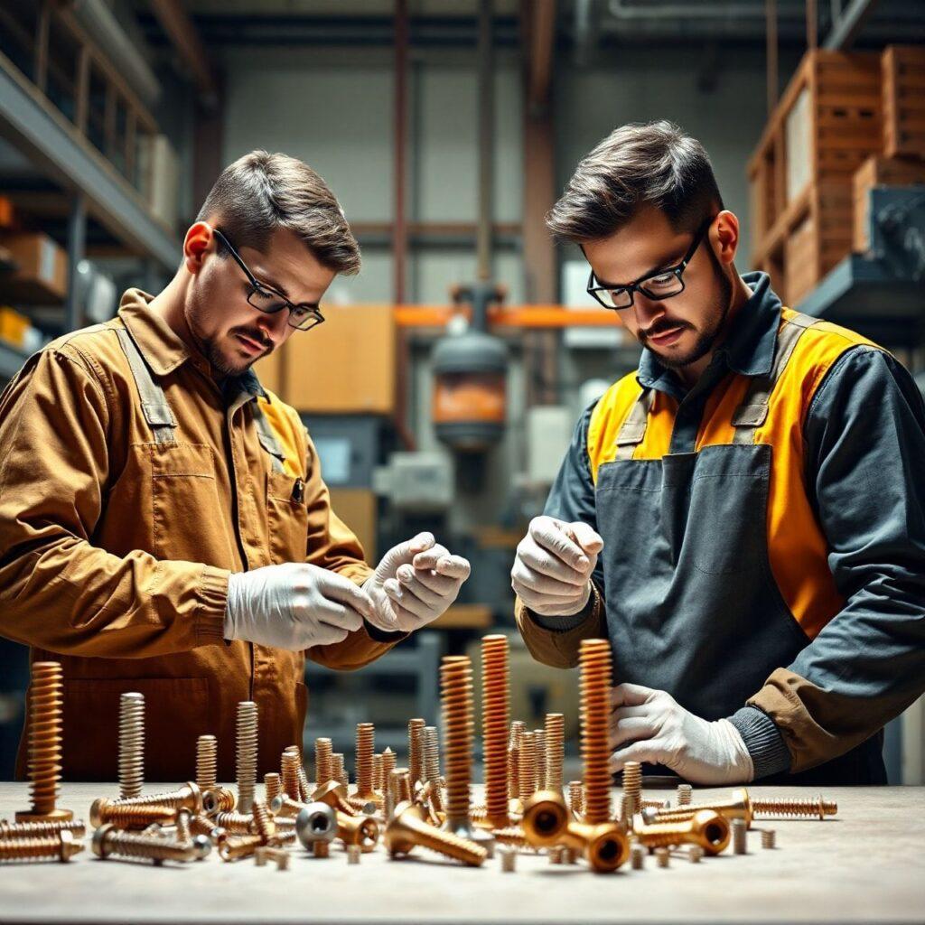 Dois trabalhadores montando peças metálicas na oficina.