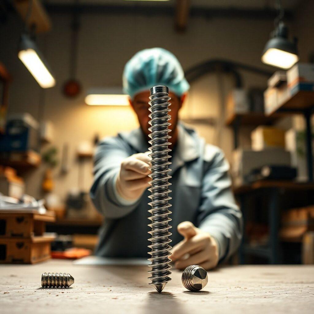 Pessoa manuseando grande parafuso médico em oficina.