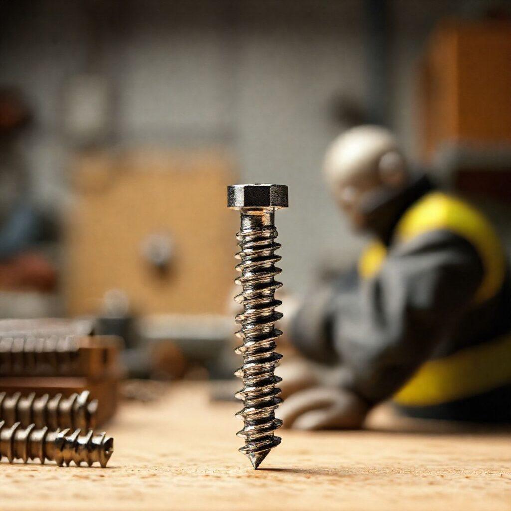 Parafuso na bancada de trabalho com pessoa ao fundo.