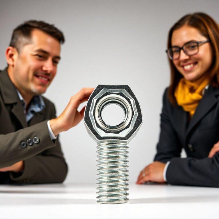 Parafuso grande com pessoas ao fundo sorrindo.