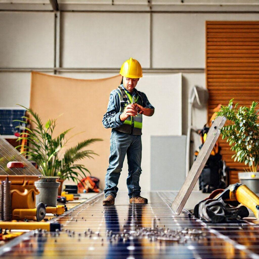 Engenheiro inspeciona instalação de painel solar interno.