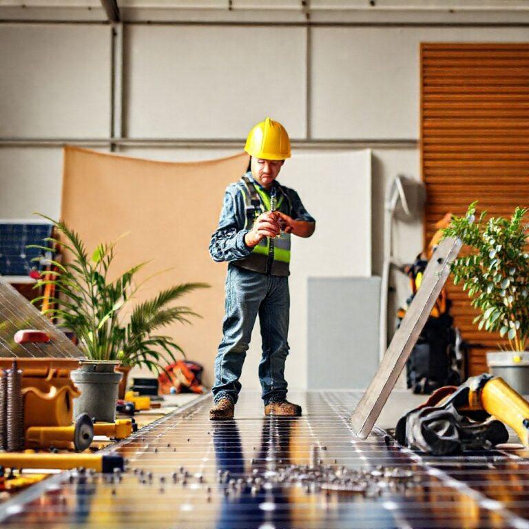 Engenheiro inspeciona instalação de painel solar interno.