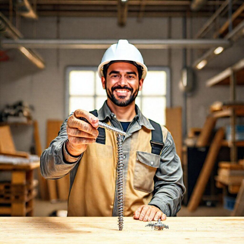 Trabalhador segurando parafuso em oficina de madeira.
