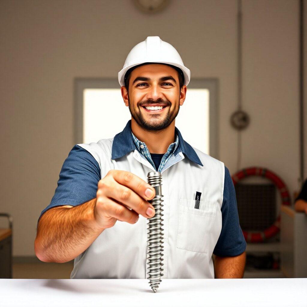 Homem sorrindo segurando grande parafuso metálico.