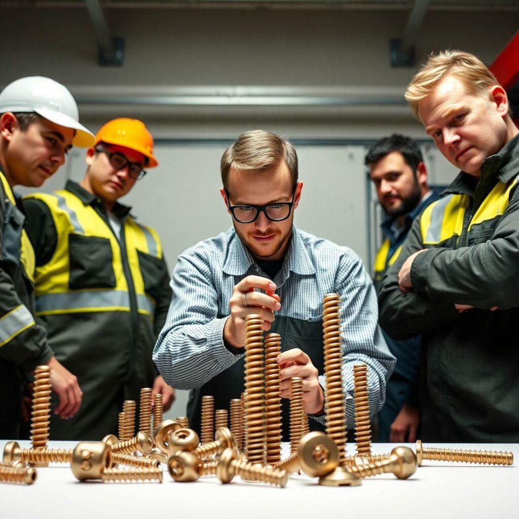 Homens inspecionam molas metálicas enfileiradas em mesa
